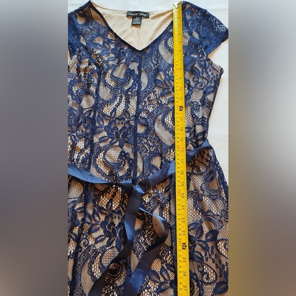 Cardalite Navy  Blue/ Tan Lace Maxi Dress* Sheer Lace Festive Dress - Picture 10 of 16